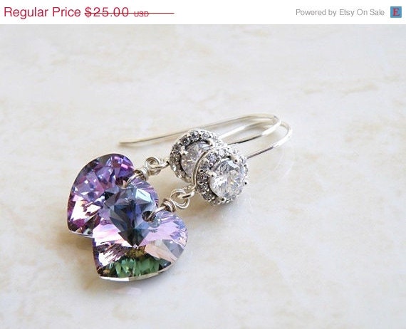 15% Off Sale Lilac Teal Swarovski Crystal Heart Earrings CZ Halo Silver Dangle Valentines Violet Bridesmaid Jewelry Wedding Jewelry