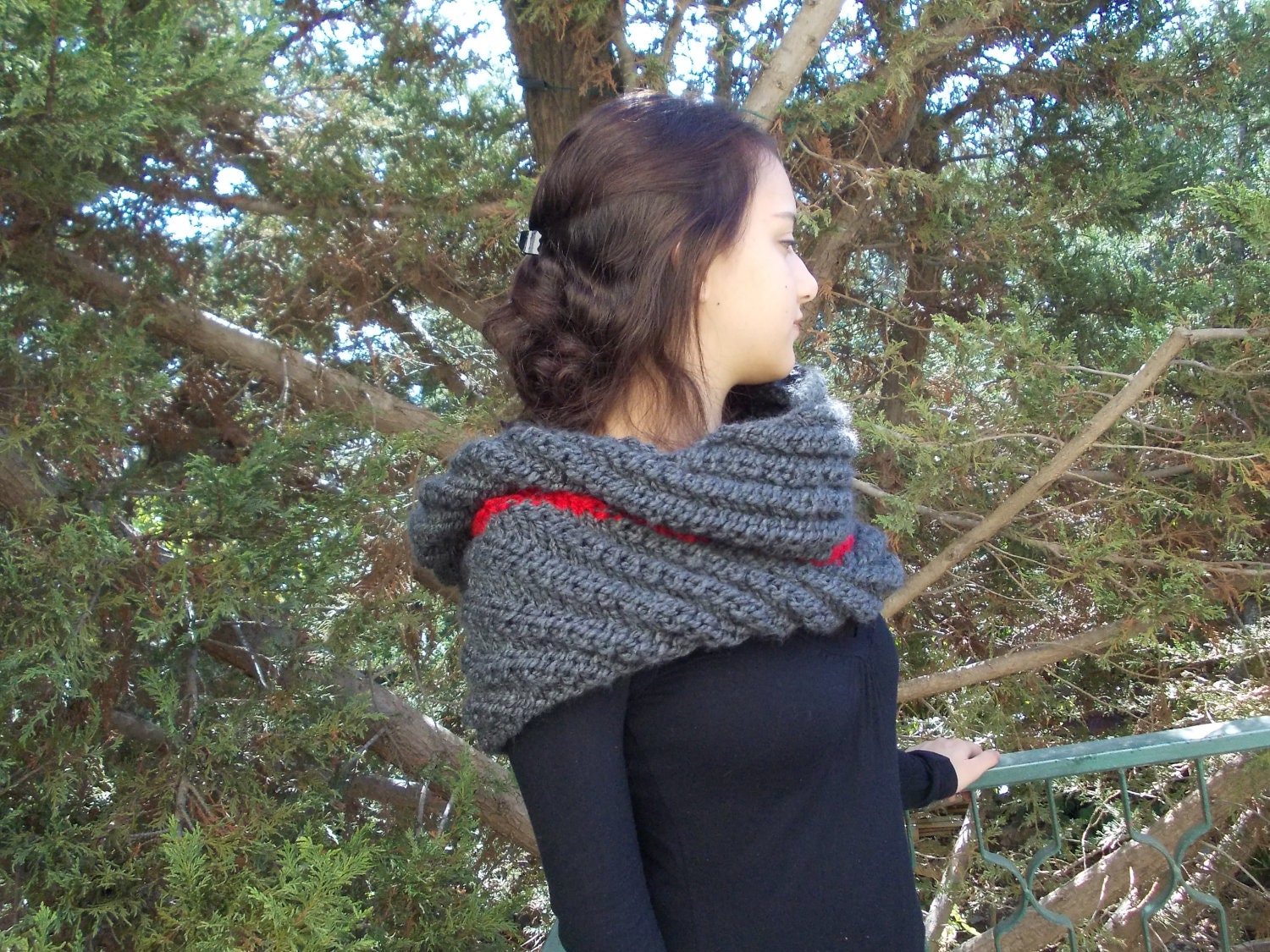 Large Warm Big Chunky knit cowl scarf Bulky grey gray winter neck warmer wrap country rustic thick men women capelet hood hoodie