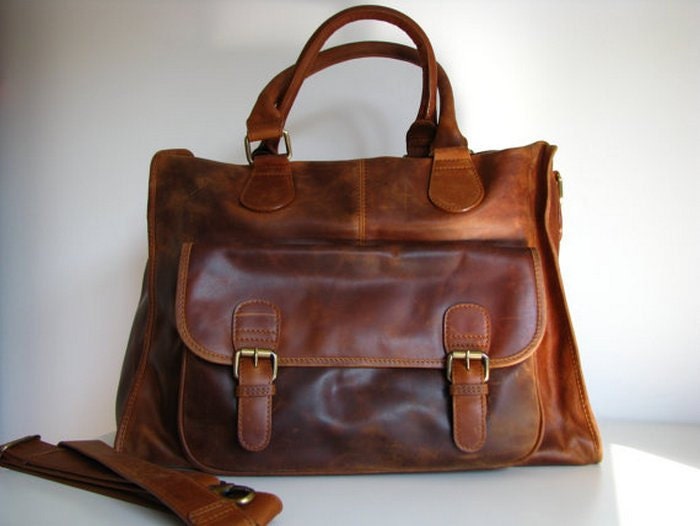 Leather Handbag Laptop Pocket Bag Vintage Look Brown