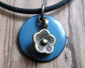 Blue Enamel Necklace, Enamel Flower Necklace, Copper Enamel Jewelry, Delft Blue Necklace, Blue Jewelry