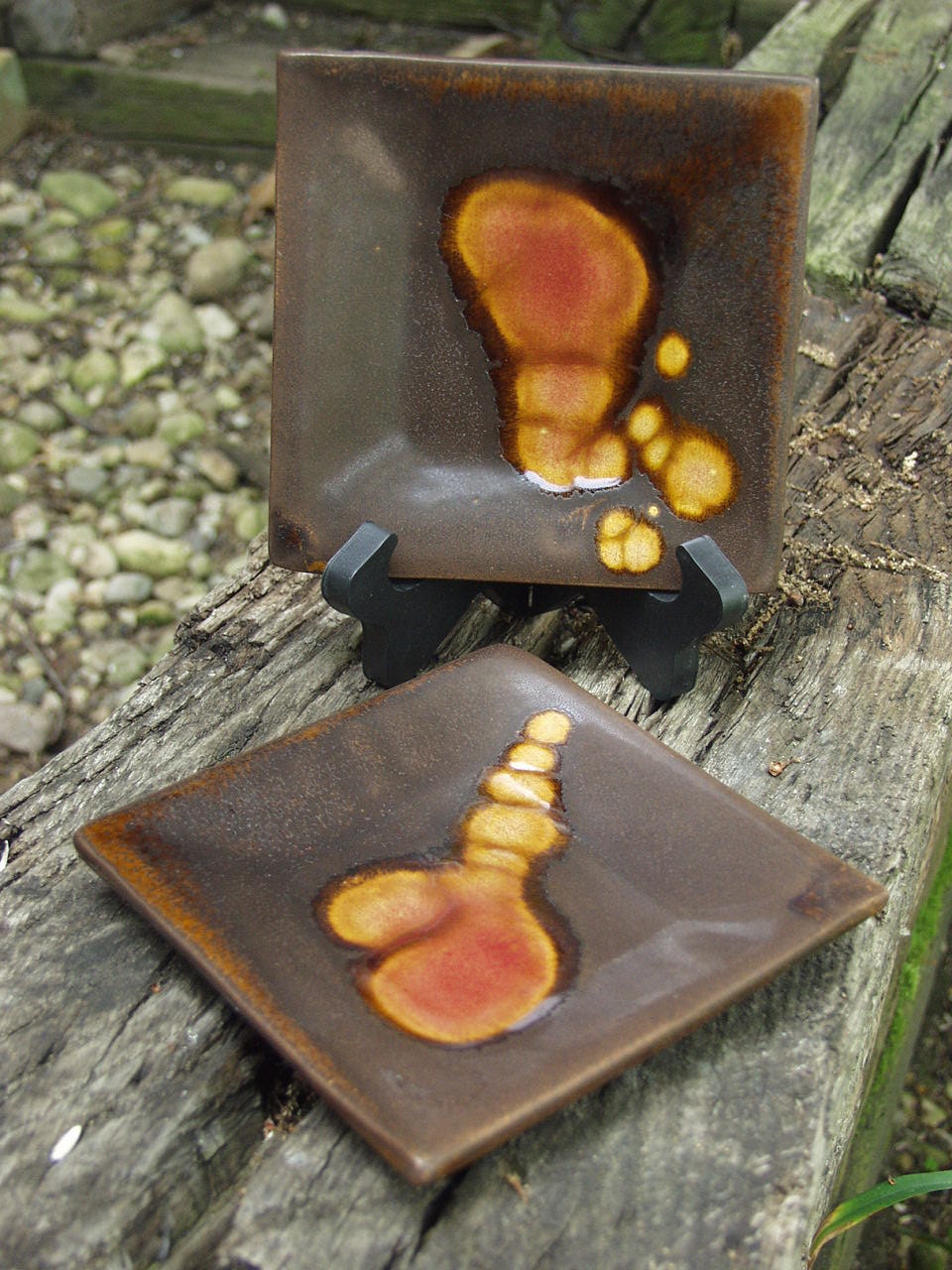 Appetizer Dessert Sushi Square Plates Molasses with Amber Splash Set of 2-Ready To Ship
