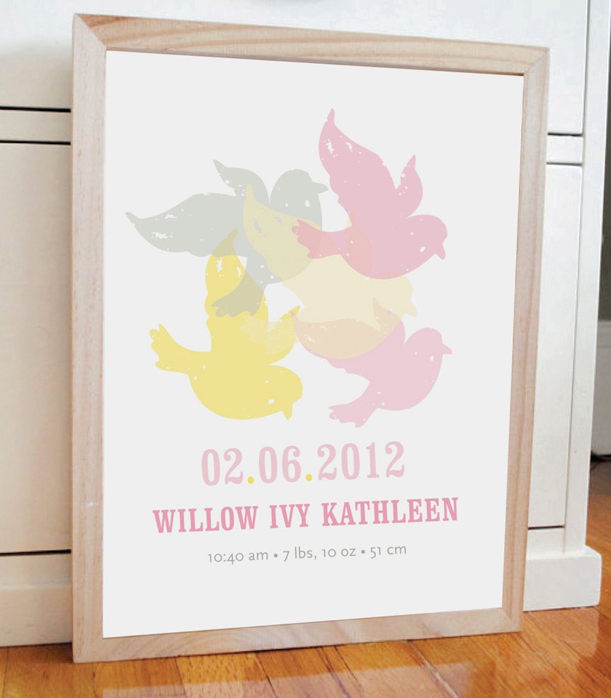 Flying Birds Print, personalized baby print, nursery wall art, poster, birth date print, name print, CUSTOM 8x10