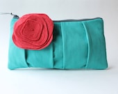 Pleated Clutch Purse, Aqua Red Flower, Zippered Pouch, Bridesmaid Clutch, Wedding Bag