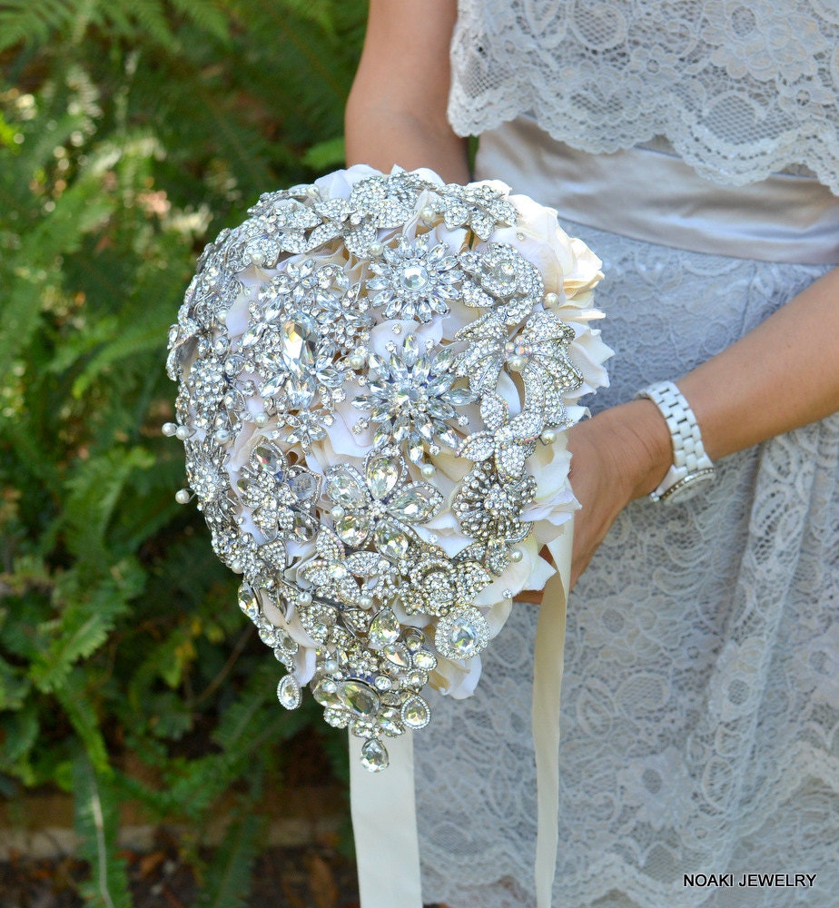 Crystal teardrop cascading brooch bouquet -- deposit on a made-to-order wedding bouquet