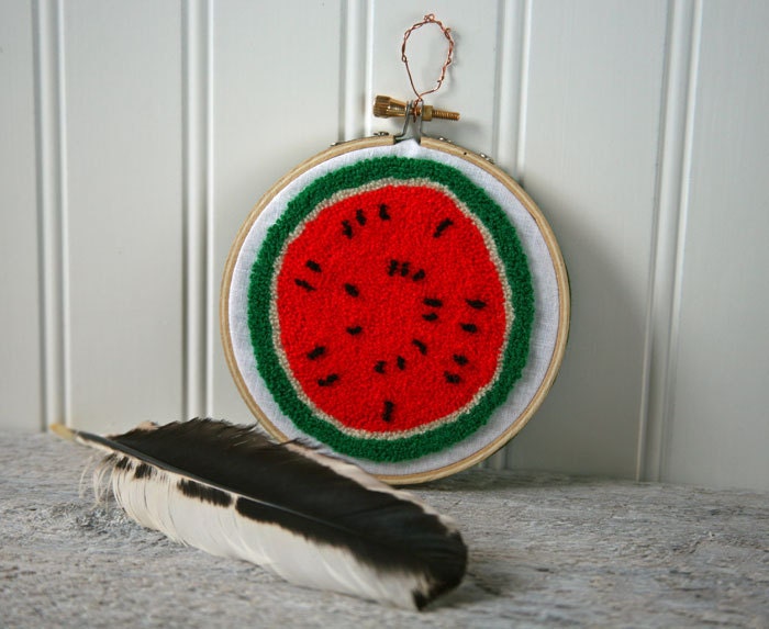 Watermelon, Punch Needle Embroidery, Wall Hanging, Wall Decor, Bright Red, Green, Black, Home Decor, Embroidery Art
