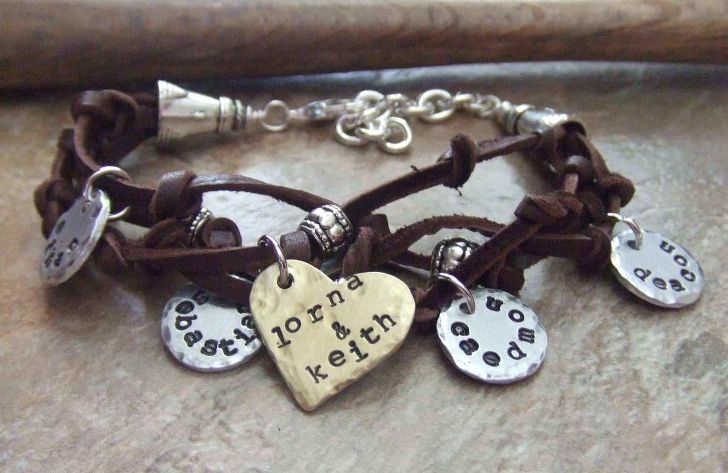 Adjustable Personalized Mom Bracelet -Her Favorite People - Handstamped Brass Silver Leather