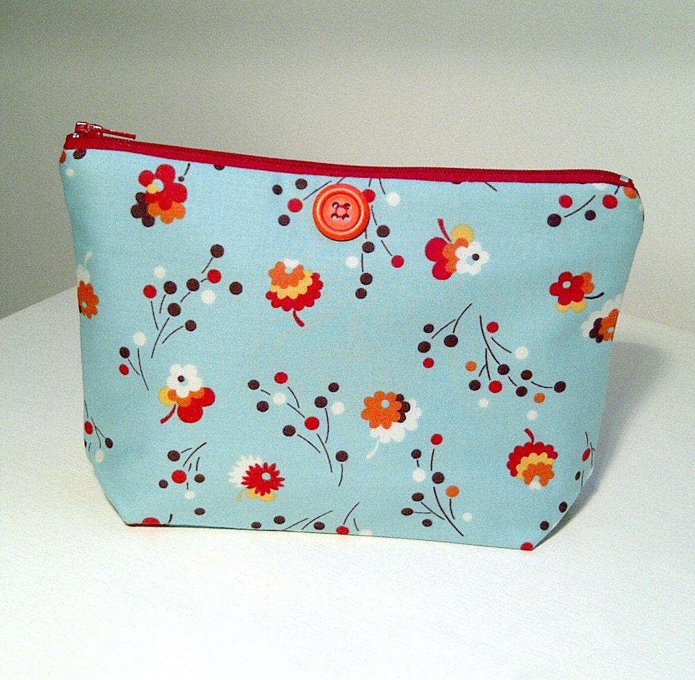 Blue Teal Flower Zip Purse, Make Up Bag, Flea Market Fancy Flower Fabric Pouch
