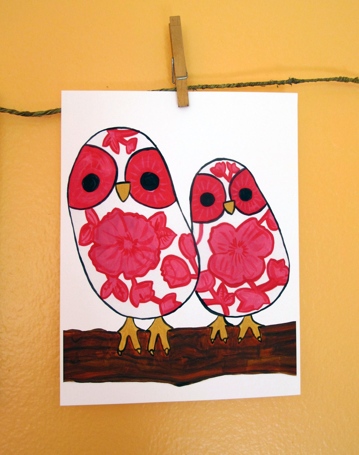 Nursery art, Diamond and Chica, owl illustration, animal illustration, children's art