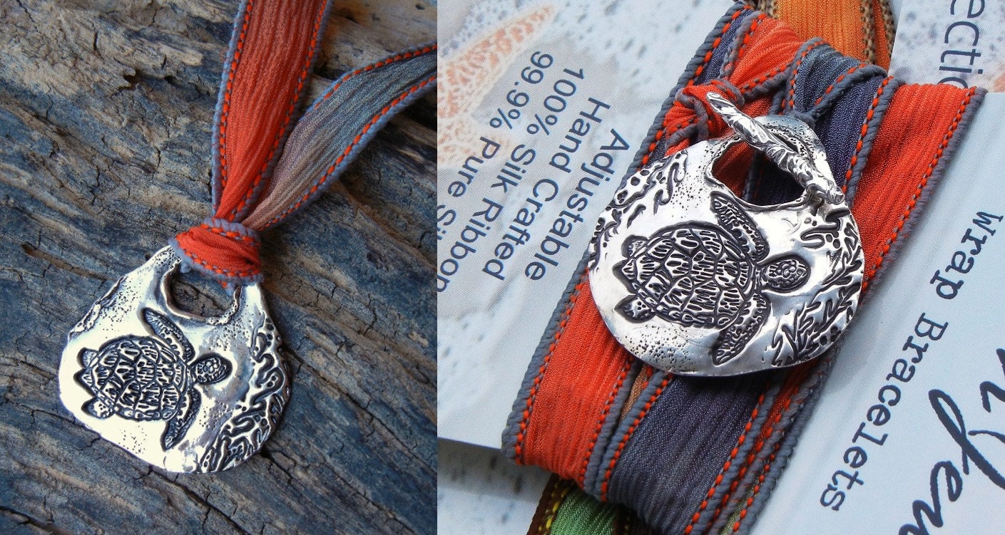 Sea Turtle Jewelry, Silk Wrap Bracelet, Sea Turtle Silk Ribbon Bracelet, STERLING Silver Jewelry, Sea Life Jewelry, Tartaruga, Tortuga