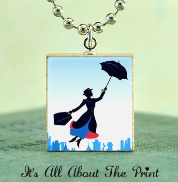Scrabble Tile Art Pendant - Mary Poppins Umbrella - Scrabble Jewelry Charm- Free Silver Ball Chain Necklace