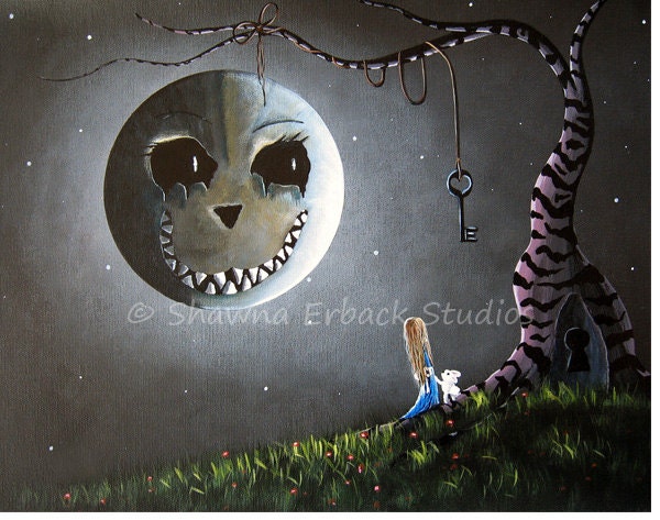 ALICE IN WONDERLAND outsider erback art 5x7 print Cheshire Moon Face Gothic Fantasy