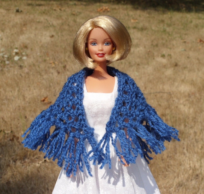 Barbie Doll Shawl - Knitted -  Royal Blue - Fringe on Bottom Edge