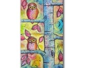Two Owls, dyptich Original 10 x 20 Mixed Media  Acrylic Painting on canvas, Modern Contemporary Folk Art