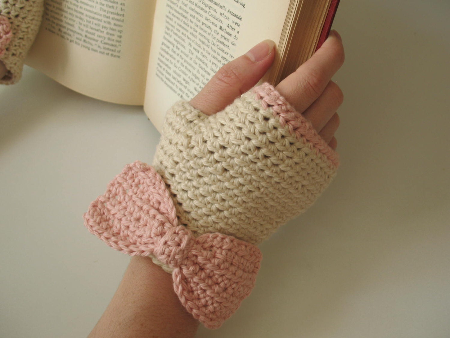 Hand Crocheted Women's Cotton Fingerless Gloves - Ivory with Pale Pink Bows and Tipping - Ready to Ship