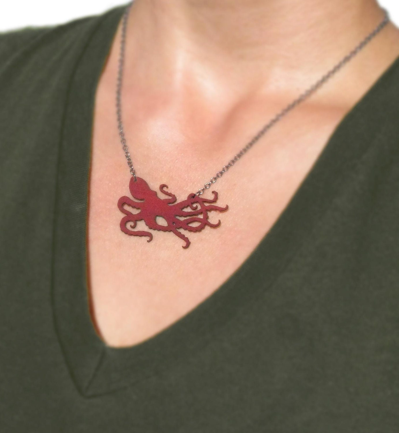 Octopus Necklace Wood and Steel Pendant Red