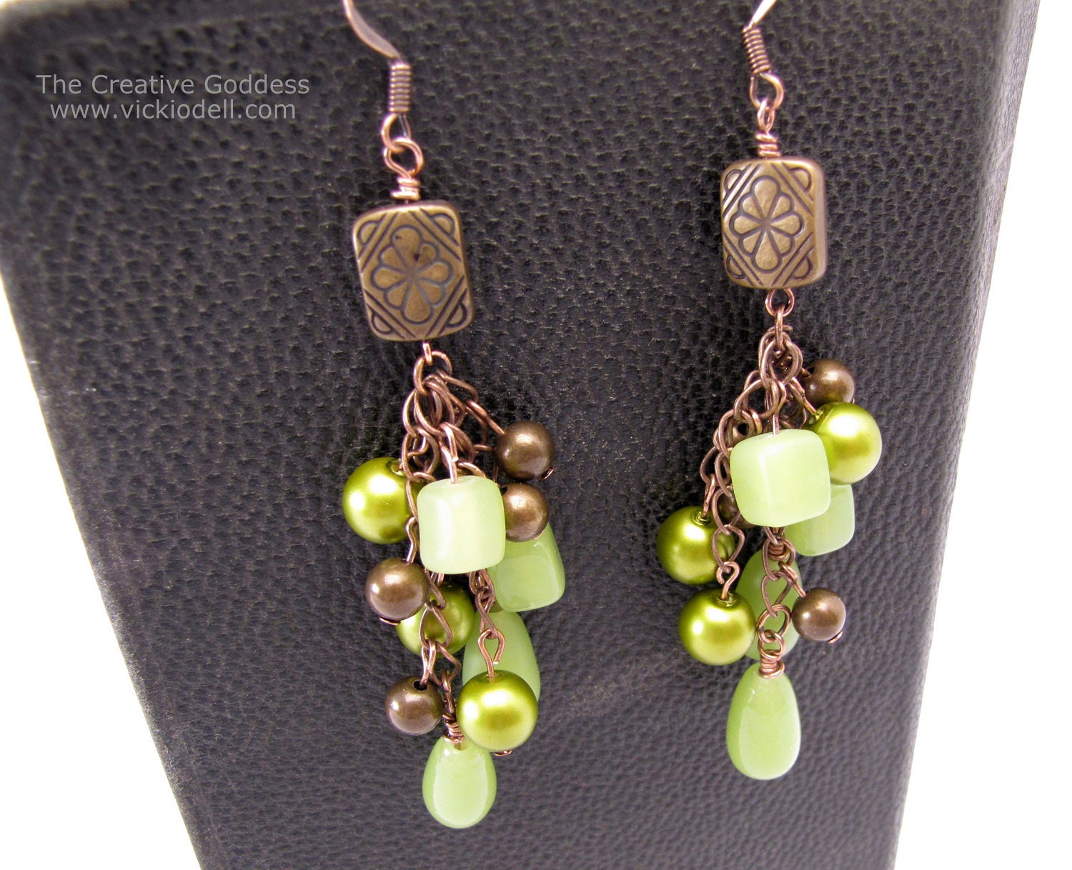 Vintage Brass, Copper and Green Long, Dangle Earrings