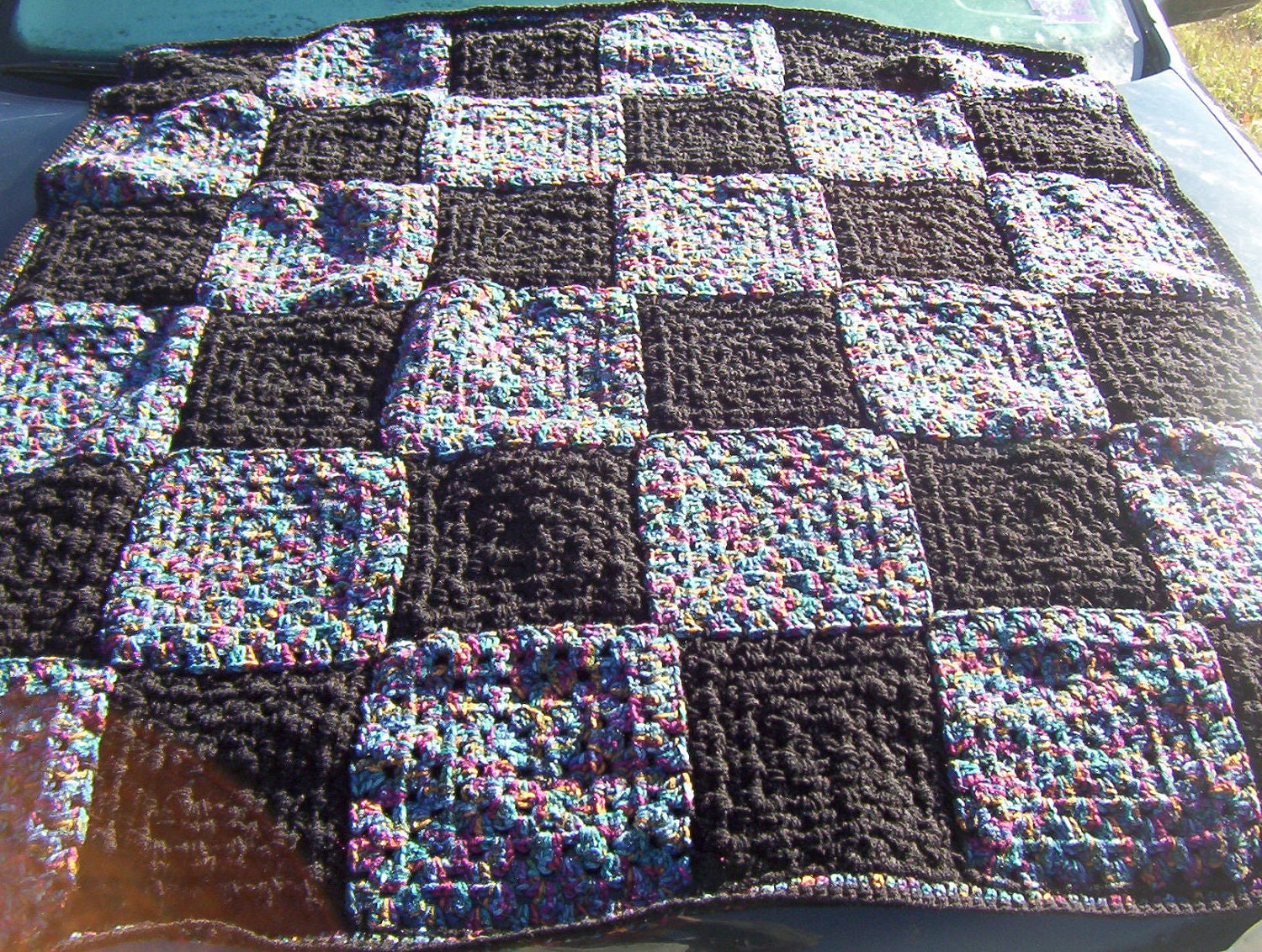 Hand Crocheted Checkerboard Black and Varigated Granny Square Afghan
