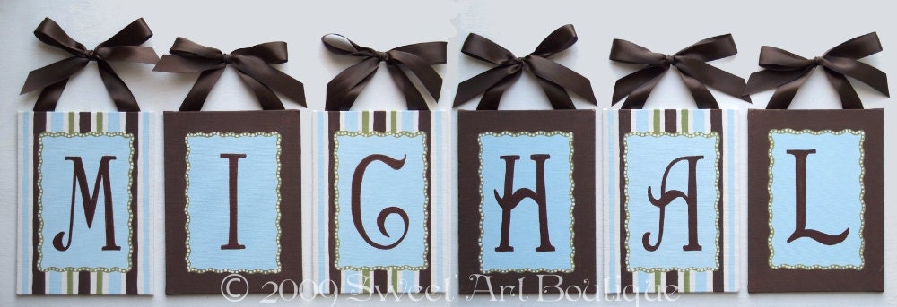 Blue Brown Sage olive Green Dots Stripes  8x10 custom canvas letter name sign wall monogram initials art hand painted BOY white chocolate