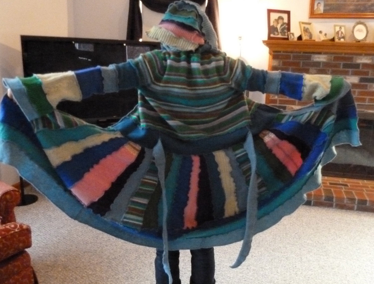 Upcycled Sweater Coat in Multicolor Stripes 100% Felted Wool with Button Front, Hood, Thumb Holes