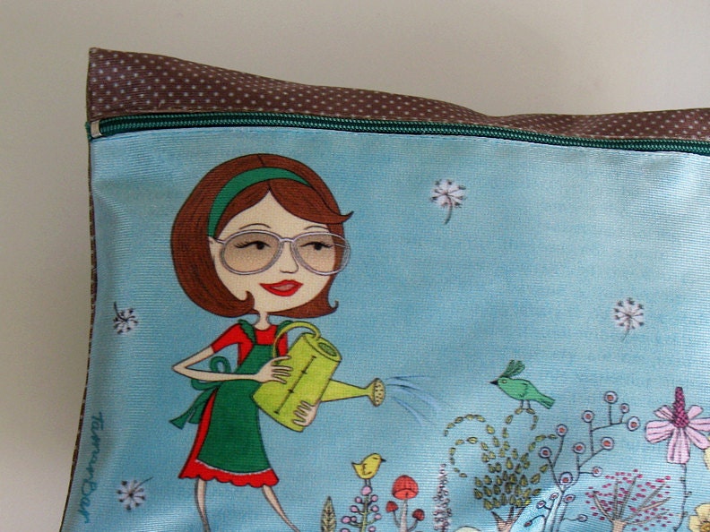 zipper pouch, clutch, purse, woman, garden, blue, cute, pencil case, illustration, flowers