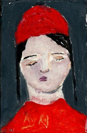Small Original Painting - Sweet girl with orange red hat and sweater eyes closed Amelie 4x6 mixed media whimsical art canvas board