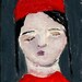 Small Original Painting - Sweet girl with orange red hat and sweater eyes closed Amelie 4x6 mixed media whimsical art canvas board
