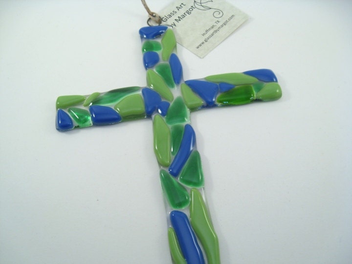Cross Fused Glass Wall Window Blue Green