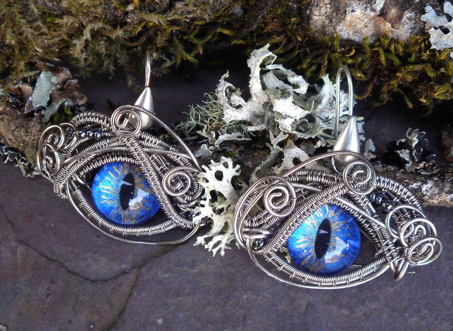 Gothic Steampunk Cat Evil Eye Earrings in True Blue