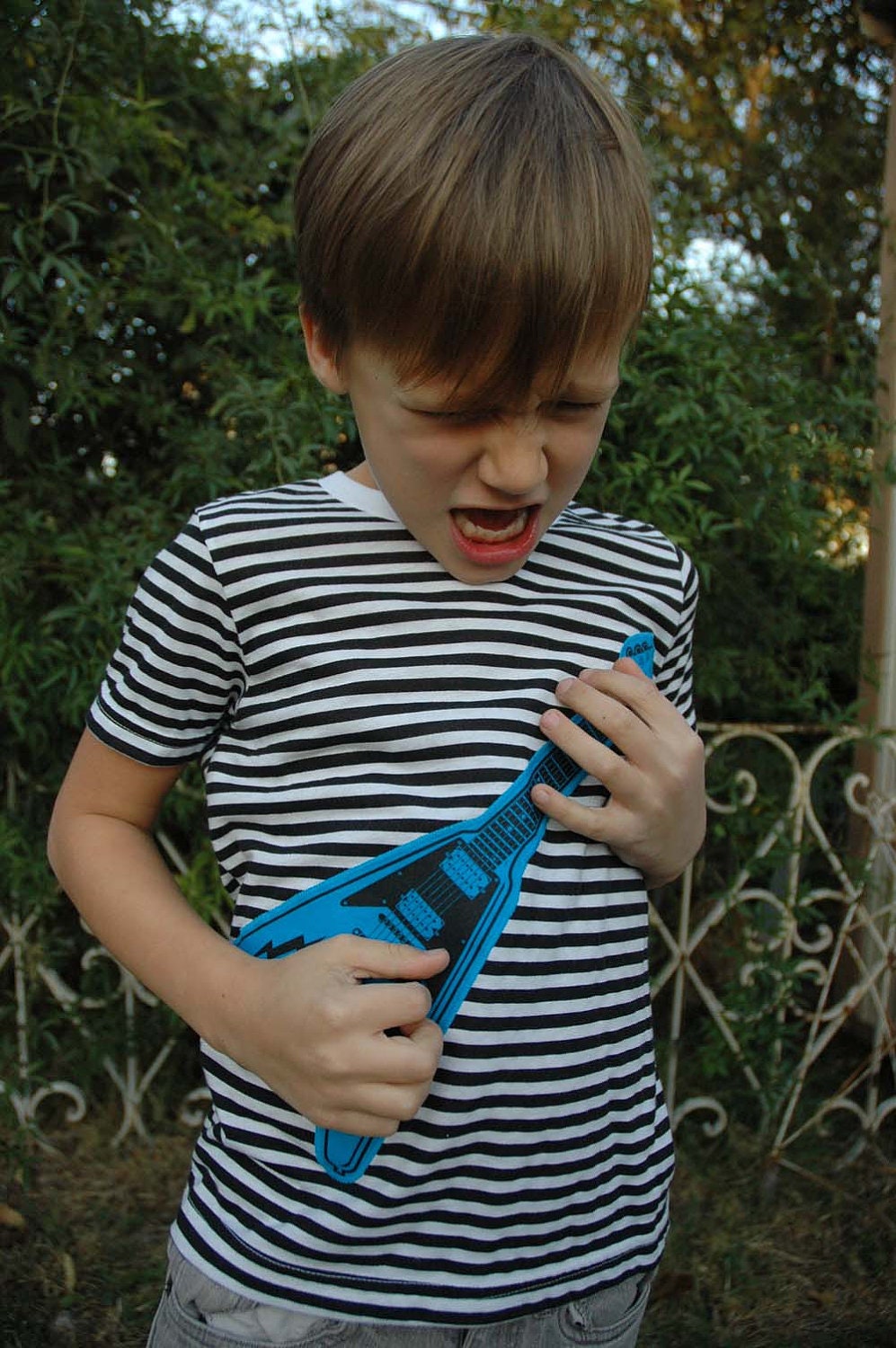 Black and White Stripe Shirt with Screenprinted and Appliqued Turquoise Flying V Guitar child size 8