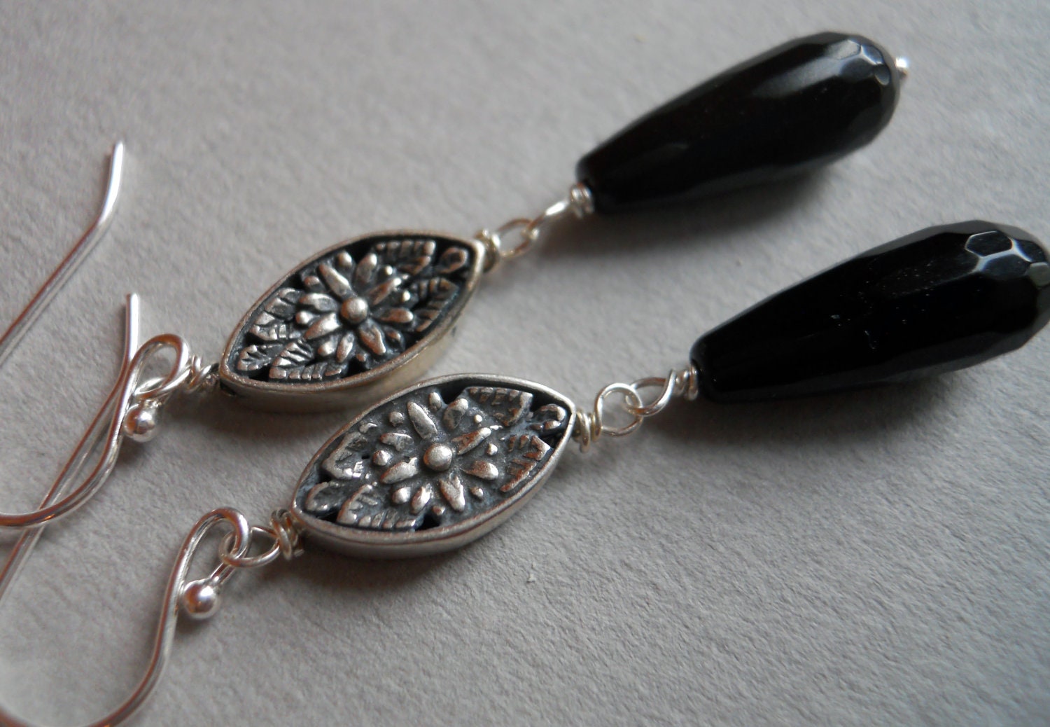 Zelda Black Onyx and Silver Dangle Earrings - $32.00 USD