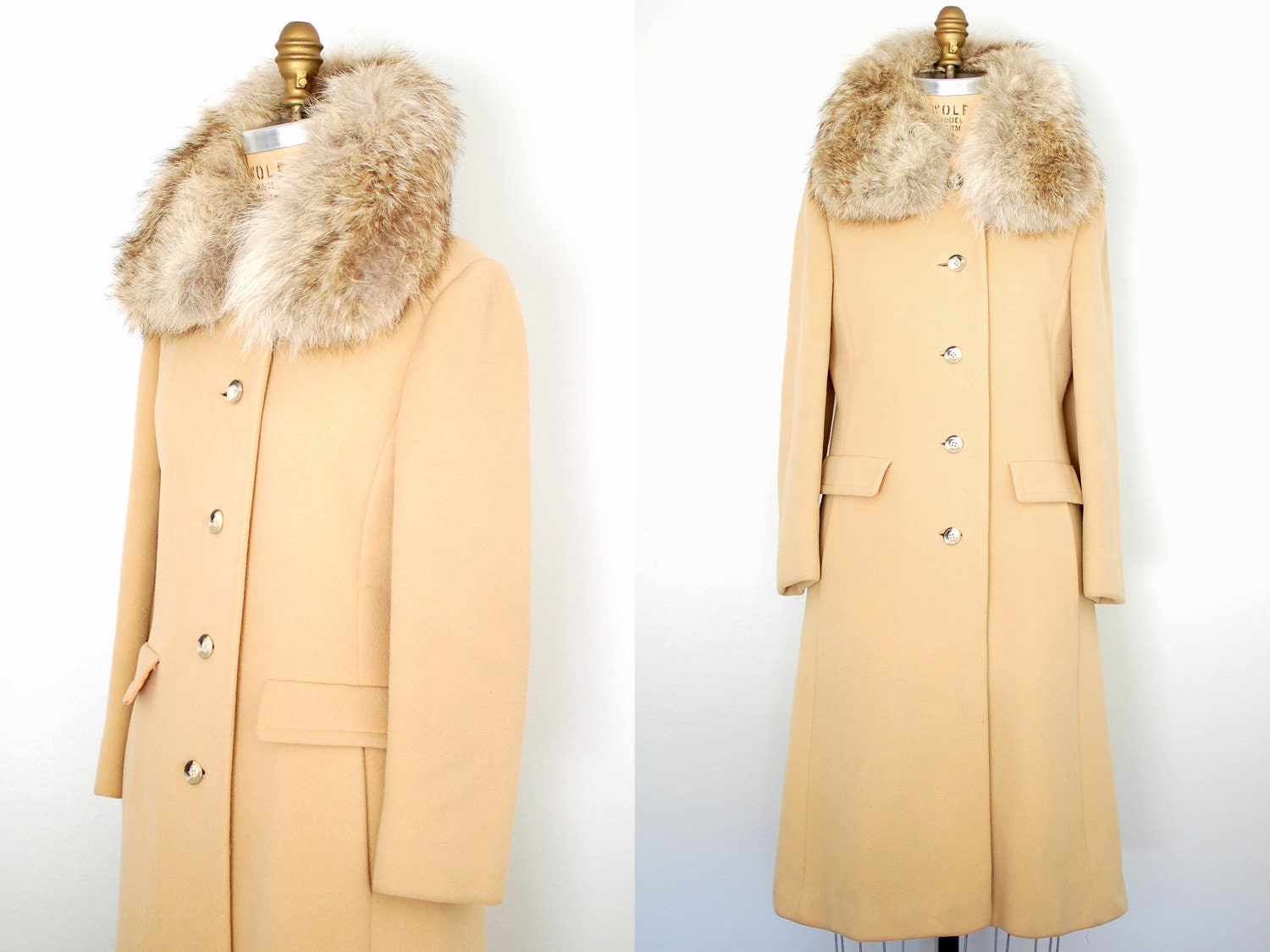 cashmere coat / 70s camel cashmere coat / camel wool coat / fur collar coat / coyote fur collar / Aeratus coat