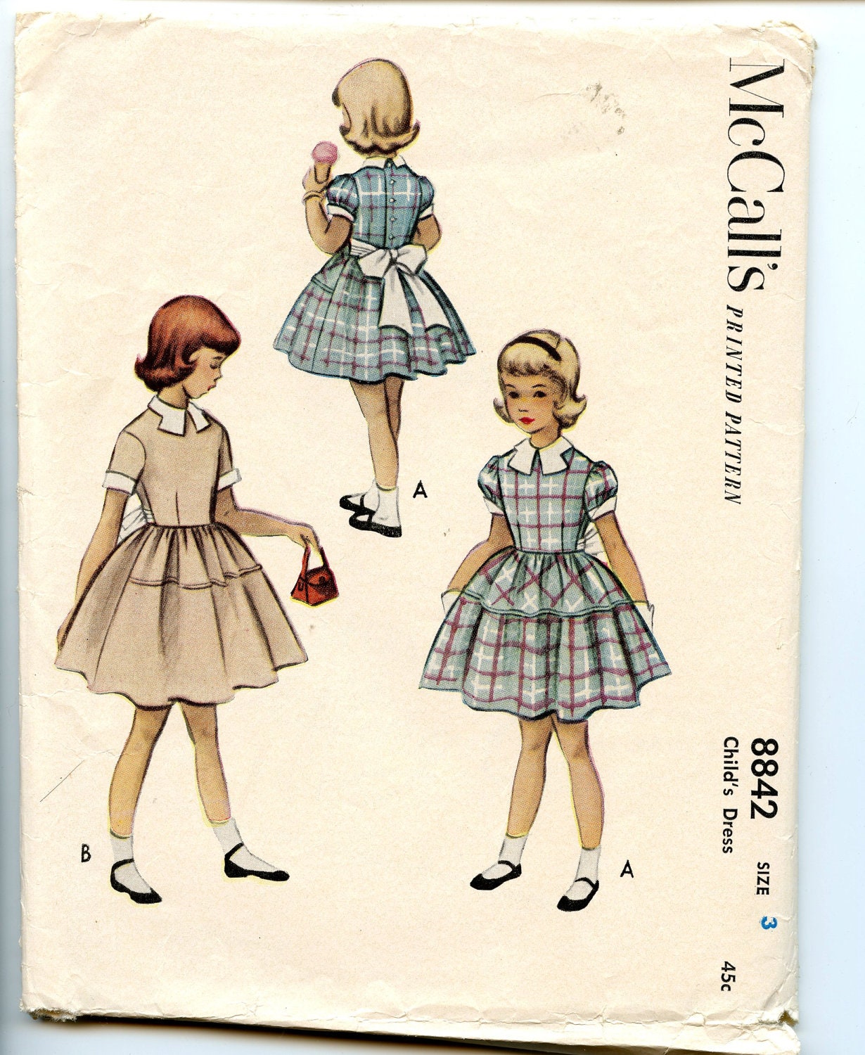 McCall's 8842 Vintage 1950's Pattern Child's Dress with Gathered Skirt, Sash Sz 3 B32