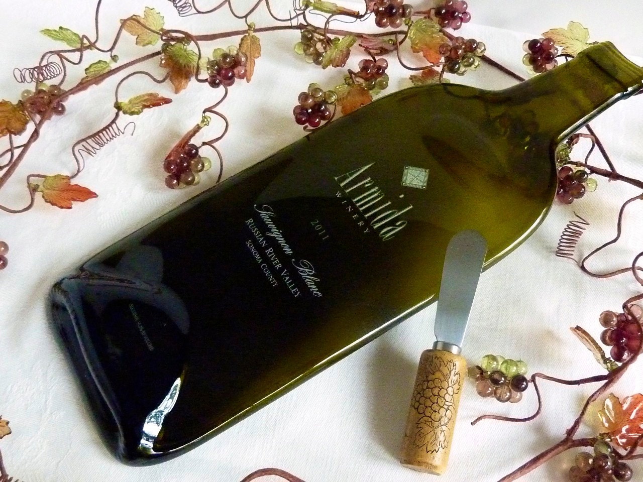 Slumped glass wine bottle cheese plate from Armida Winery
