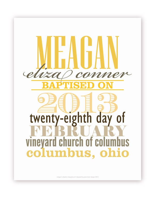 Baptism or Christening Keepsake Print Poster - 11 X 14 Typography - Yellow, Brown