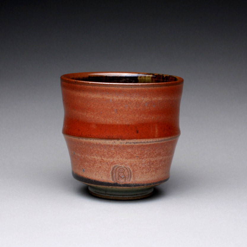 handmade pottery cup, ceramic tumbler, teacup with iron red and green celadon glazes