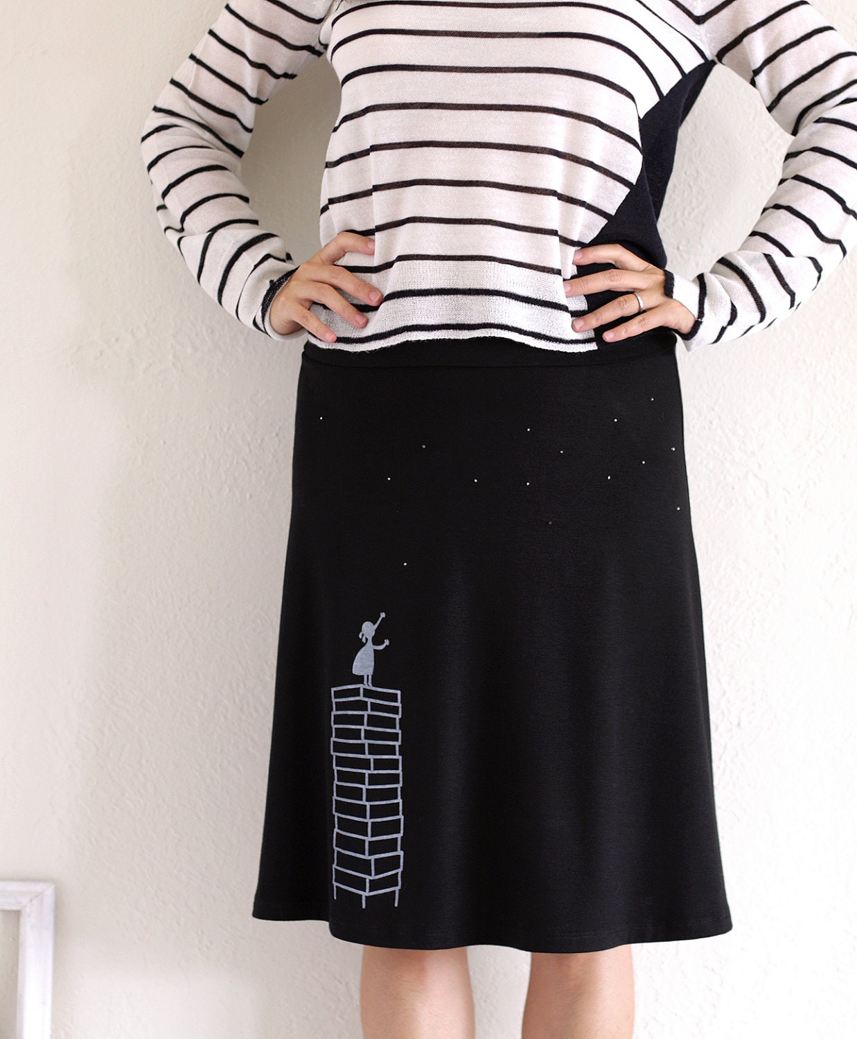 Women black jersey plus size skirt with fold over stretch waist band and silver beads applique - Little girl's wish - size XL