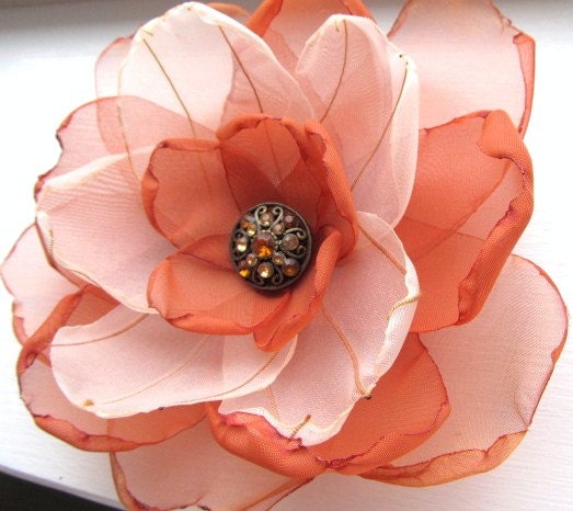 one of a kind organza and chiffon brooch or hair accessory with vintage rhinestone - brown peach sheer fabric flower blossom