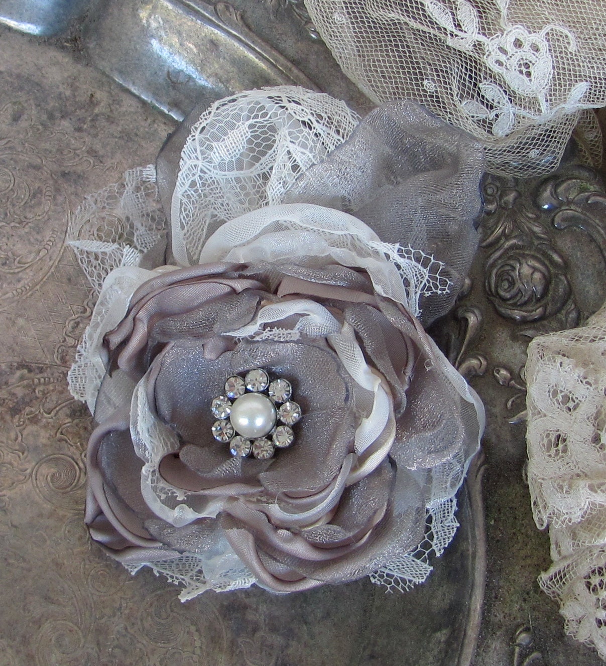 Wedding Corsage Pin  With Rhinestones and Pearls Made to order