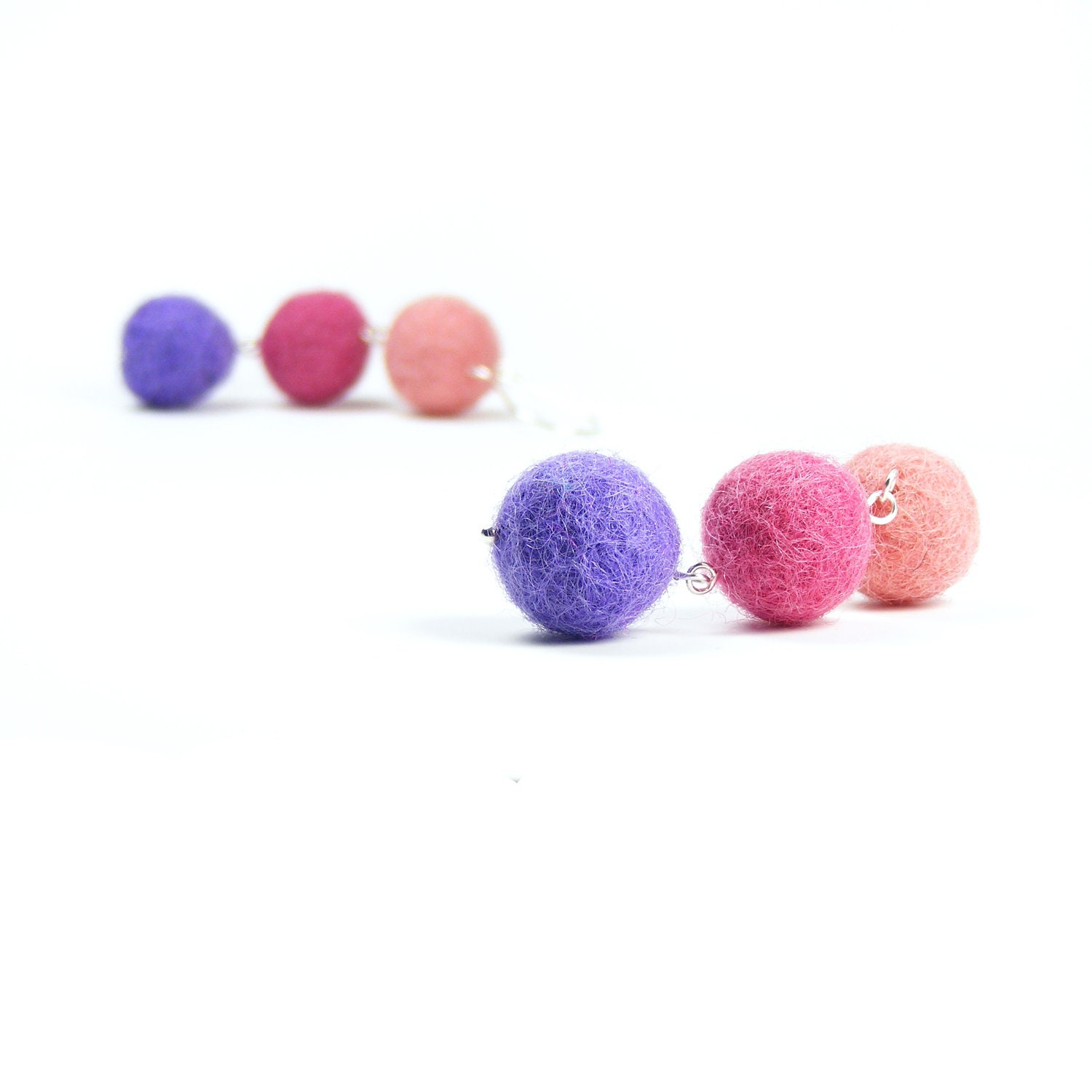 Felt Earrings, Handmade Sterling Silver Dangle Earrings, Peach Pink Purple Merino Wool Felt Balls