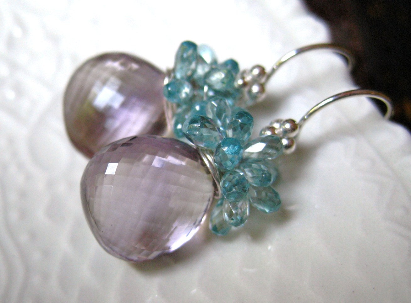 Pink Amethyst Blue Zircon Gemstone Earrings-Nosegay