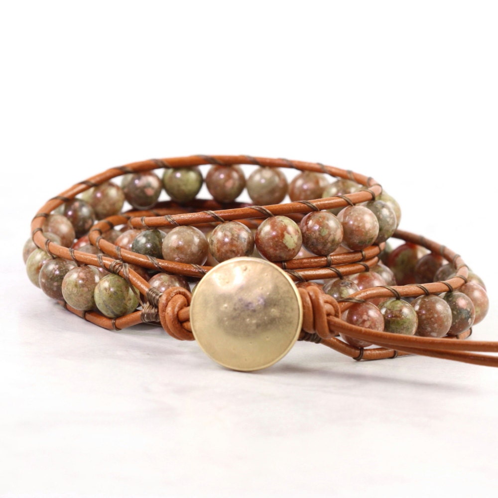 Autumn Jasper Leather Hippie Wrap Bracelet Rust Green Bohemian Style Triple Wrap Gemstone Sienna Brown Caramel Copper Boho Jewelry