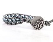 Pearl Leather Wrap Bracelet Gray Leather Tahitian Midnight Blue Swarovski Crystal Pearl Winter Fashion Single Wrap Rustic Boho Jewelry