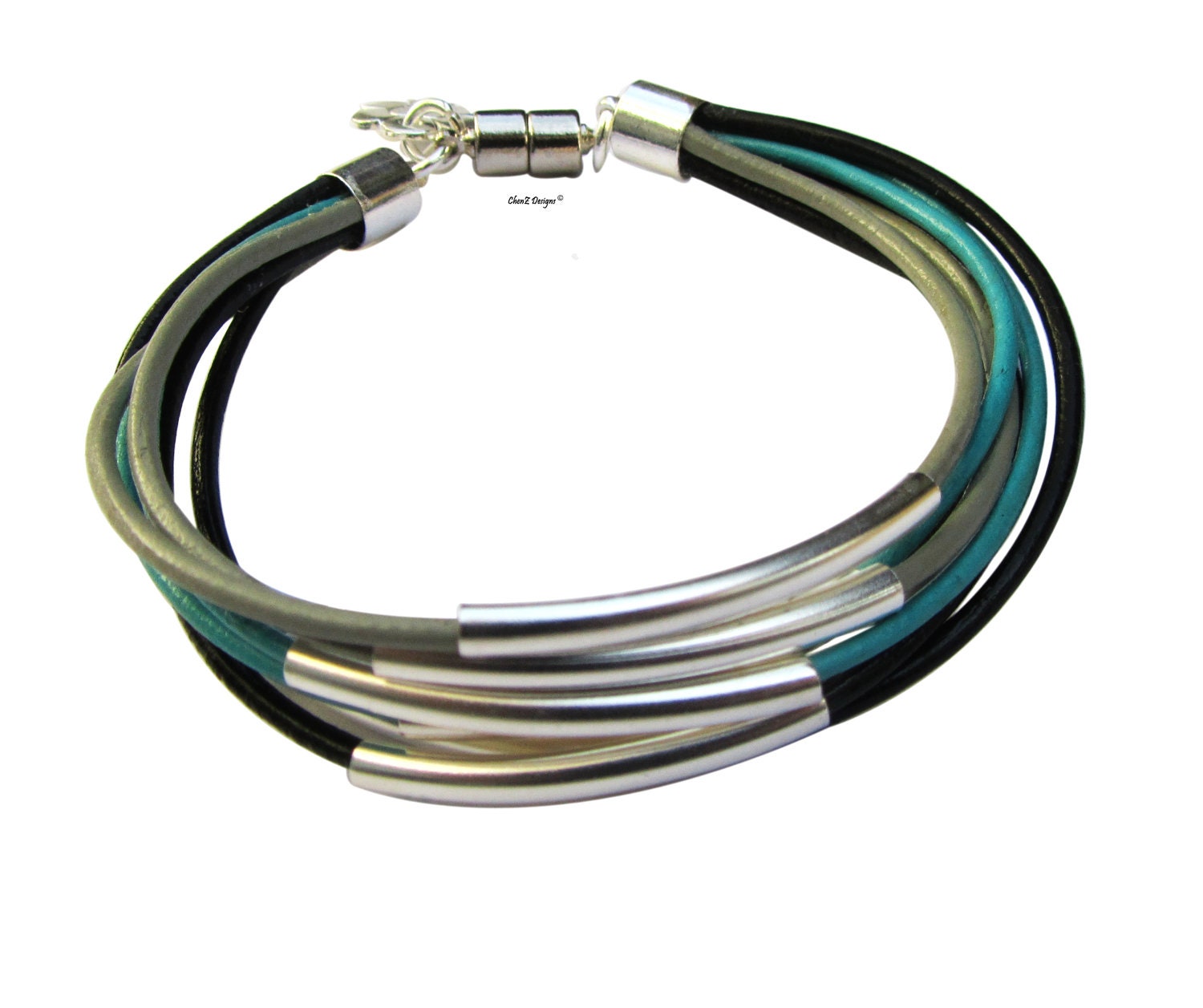 Silver beads with multi leather cords bracelet women bracelet charm bracelet turquoise black leather