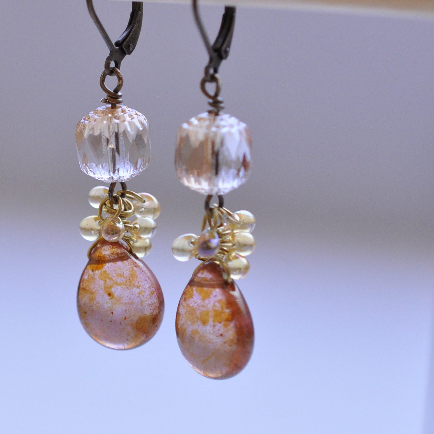 Topaz Champagne Drop dangle chandelier earrings in amber and gold