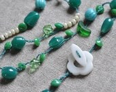 Teal Garden bead crocheted wrap necklace with gemstone flower toggle clasp