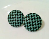 teal and brown houndstooth - fabric button earrings