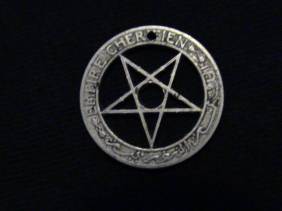 1921 Morocco - cut coin pendant - w/ upside down pantagram or pentangle