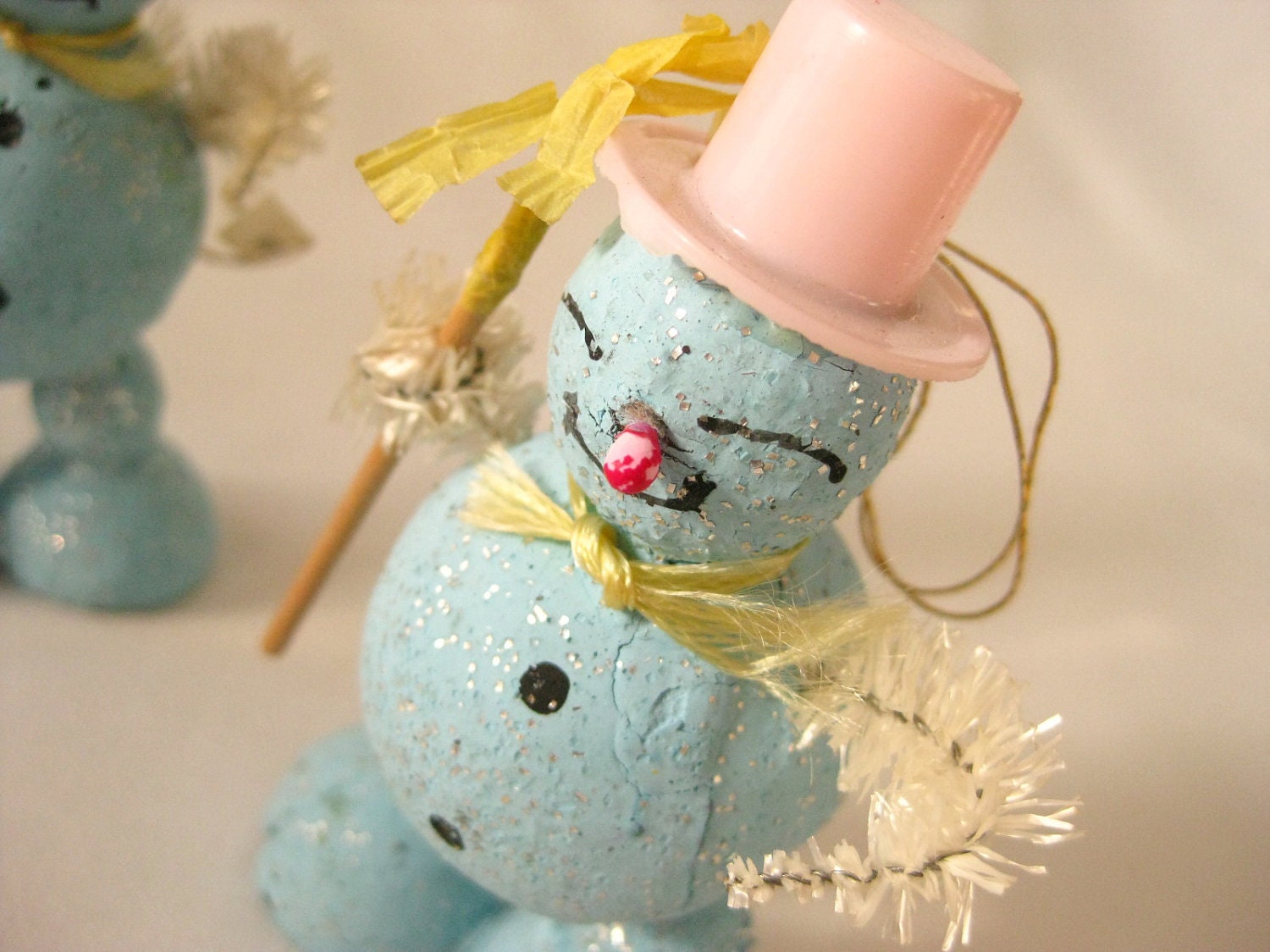 Pair of Two Vintage Glitter Snowmen Ornaments from Japan