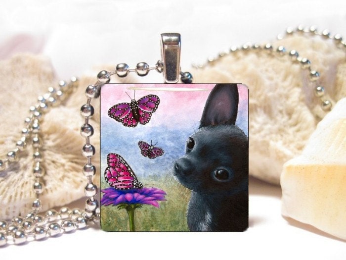 Wood Art Pendant 1x1 Jewelry Necklace from art painting Dog 91 black Chihuahua by L.Dumas