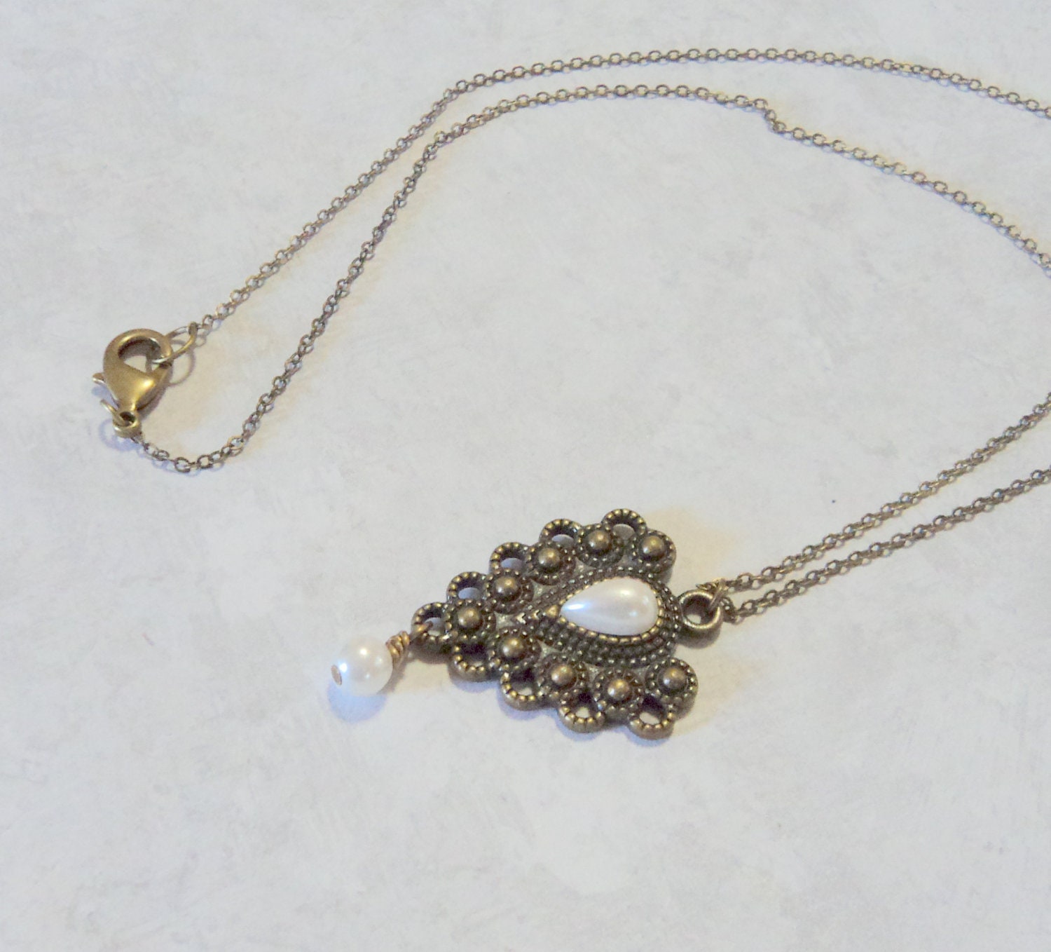 Necklace Antique Bronze Faux Pearl Fancy Victorian 22 Inch